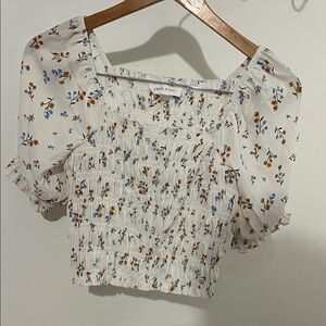 Pink Rose Floral Smocked Blouse - White and Blue